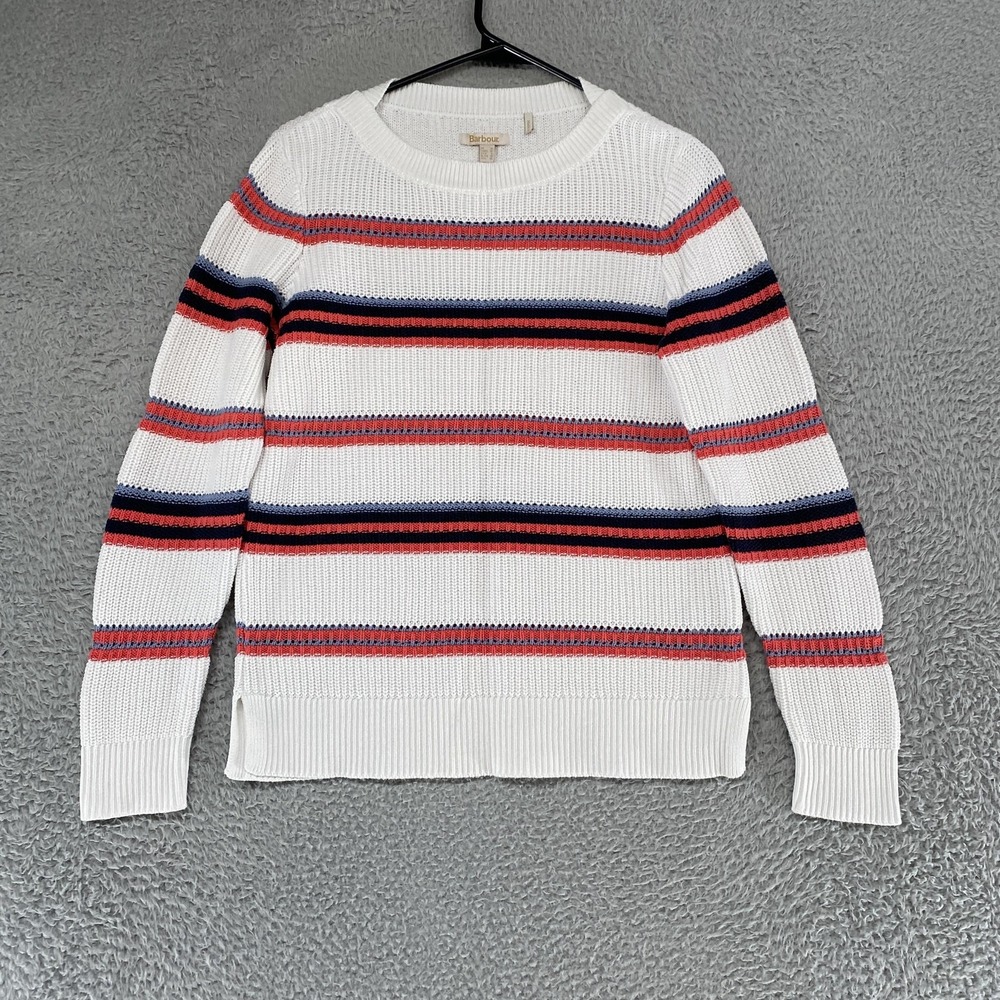 Barbour Promenade Knit Sweater Womens 6 White Striped 100% Cotton Crewneck - Picture 1 of 16